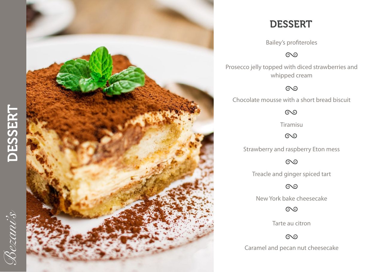 Bezani&rsquo;s desserts menu